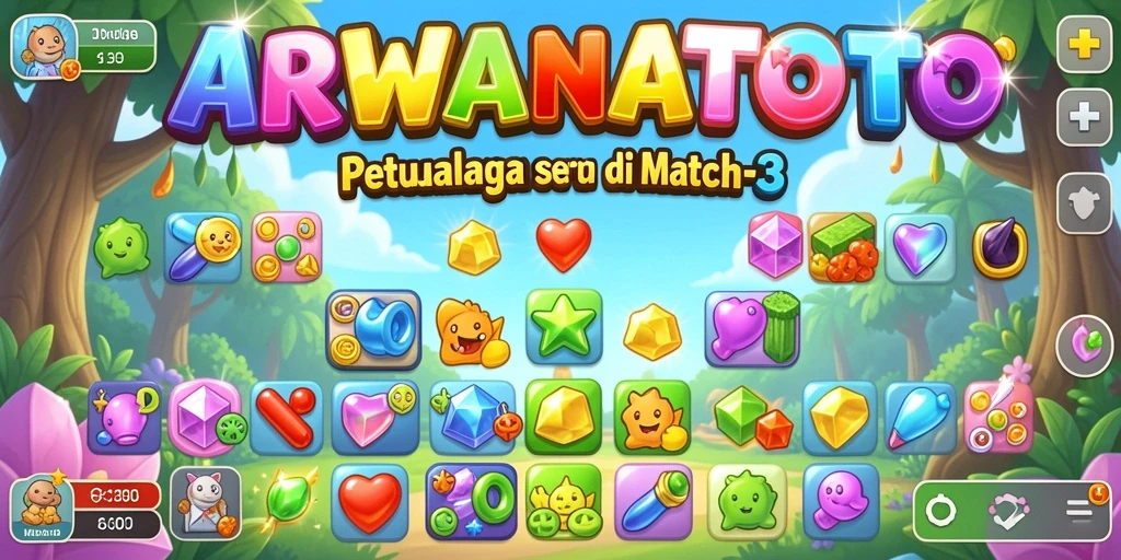 Screenshot utama ARWANATOTO menampilkan gameplay Match-3 yang seru.