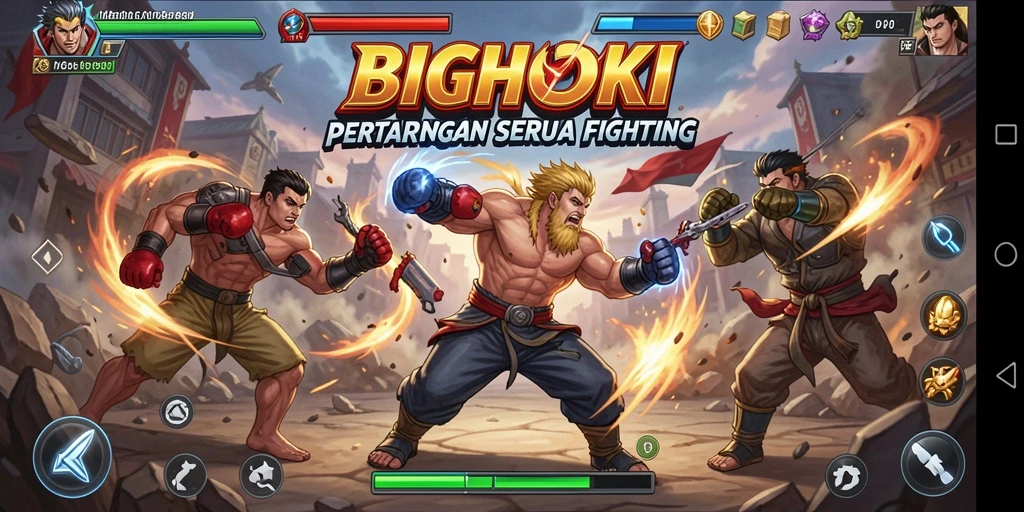 Screenshot gameplay BIGHOKI menampilkan pertarungan epik antar karakter.