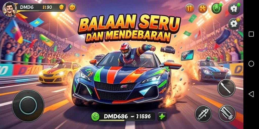 Tampilan aksi balapan seru di DMD686 dengan mobil kencang dan trek menantang.