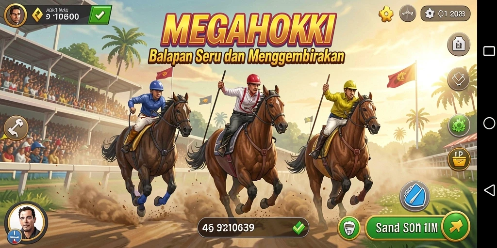 Tampilan gameplay seru balapan dalam MEGAHOKI yang menegangkan.