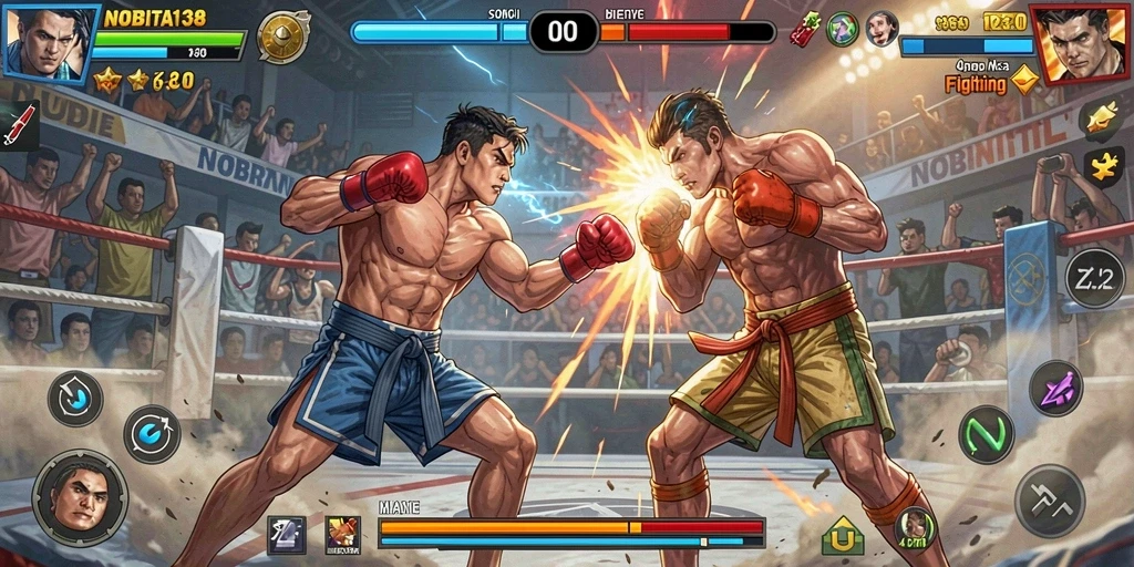 Tampilan gameplay dengan karakter bertarung di arena yang dinamis.