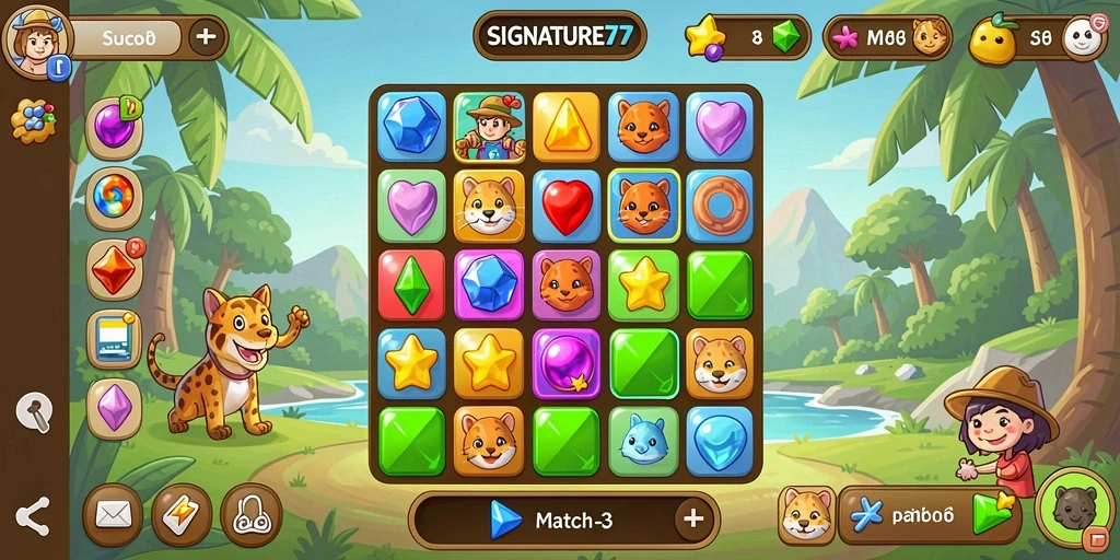 Tangkapan layar dari permainan SIGNATURE77 yang menunjukkan gameplay Match-3 yang seru.